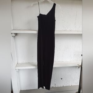 Vintg Jump Apparel Long Black Velvet dress single shoulder w/ opt. spaghetti stp
